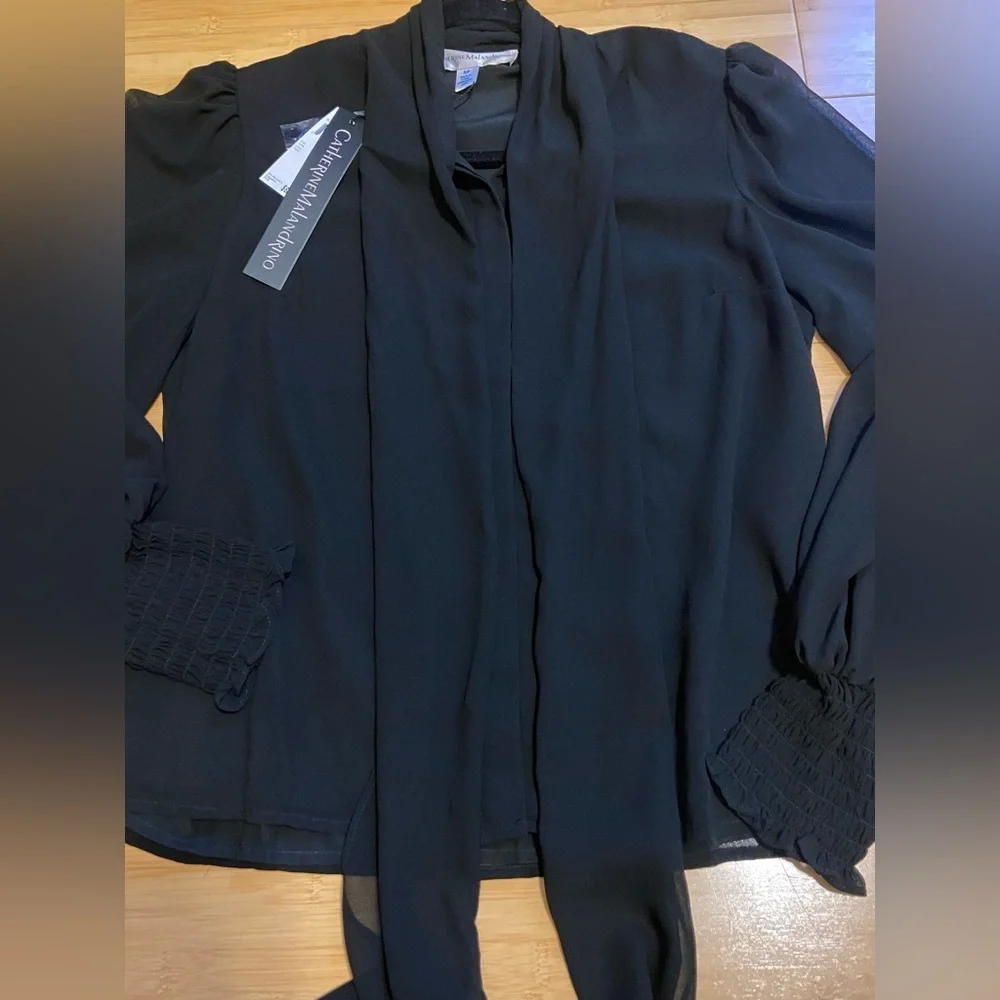 Catherine Malandrino Elegant Black Tie-Neck Blouse Sheer Sleeve Small - Picture 6 of 9